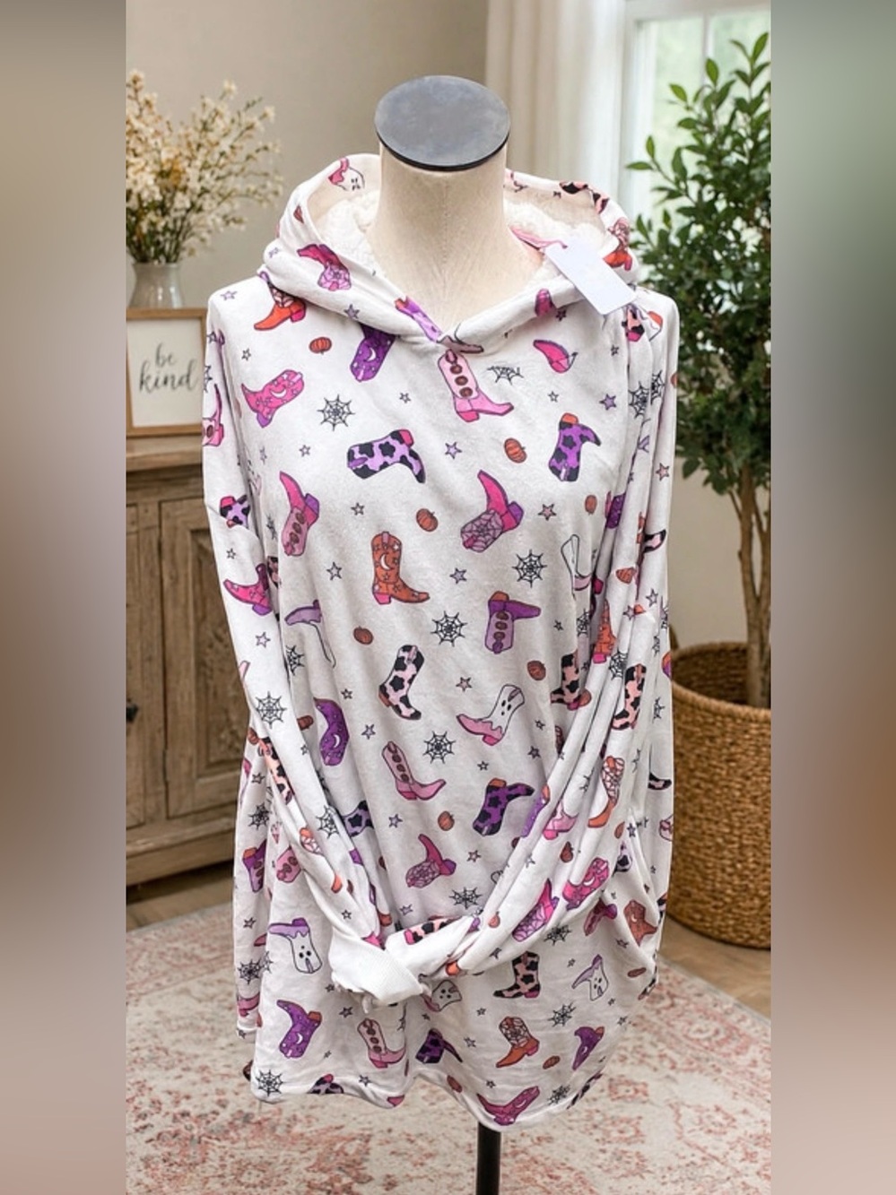 Cozy Cowboy Boot Hooded Lounge Top - White with Pink & Purple Boot Print